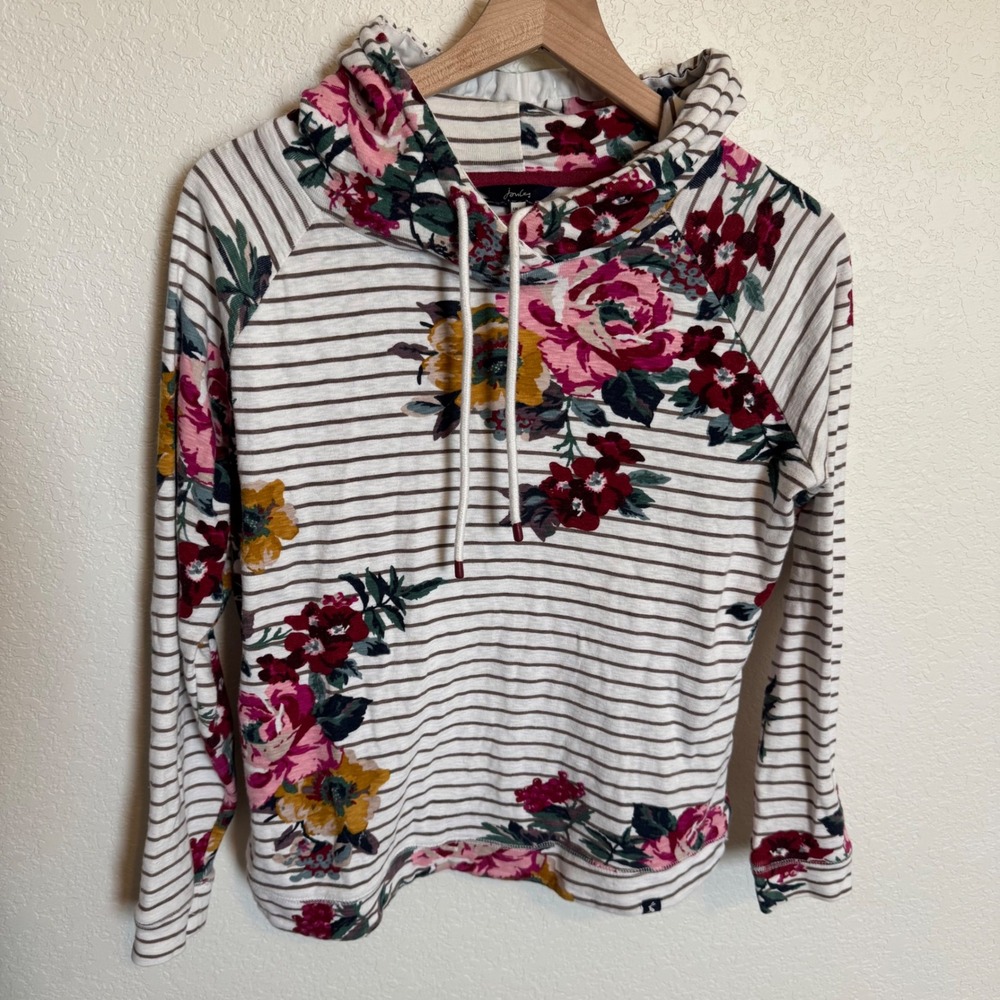 Cottagecore Floral Striped Joules Hoodie Size 10 White Pink